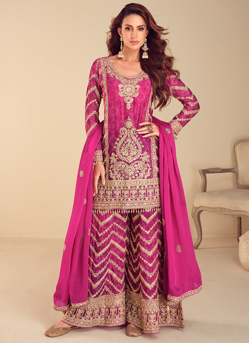 Chinnon Rose Pink Wedding Wear Emroidery Workxl Readymade Plazzo Suit