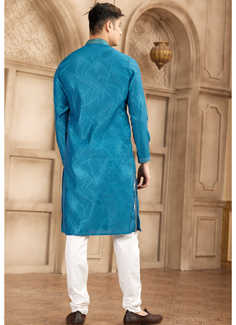 Art Silk Royal Blue Festival Wear Printed Work Readymade Kurta Pajama