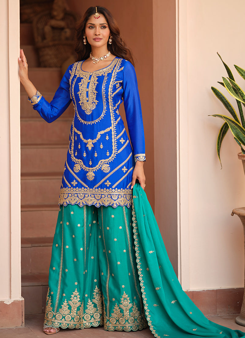 Royal Blue Chinon Silk Zari Embroidery Work Wedding Wear Readymade Plazzo Suit SW720131