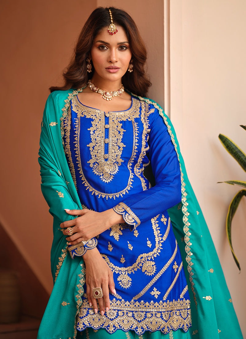 Royal Blue Chinon Silk Zari Embroidery Work Wedding Wear Readymade Plazzo Suit SW720131