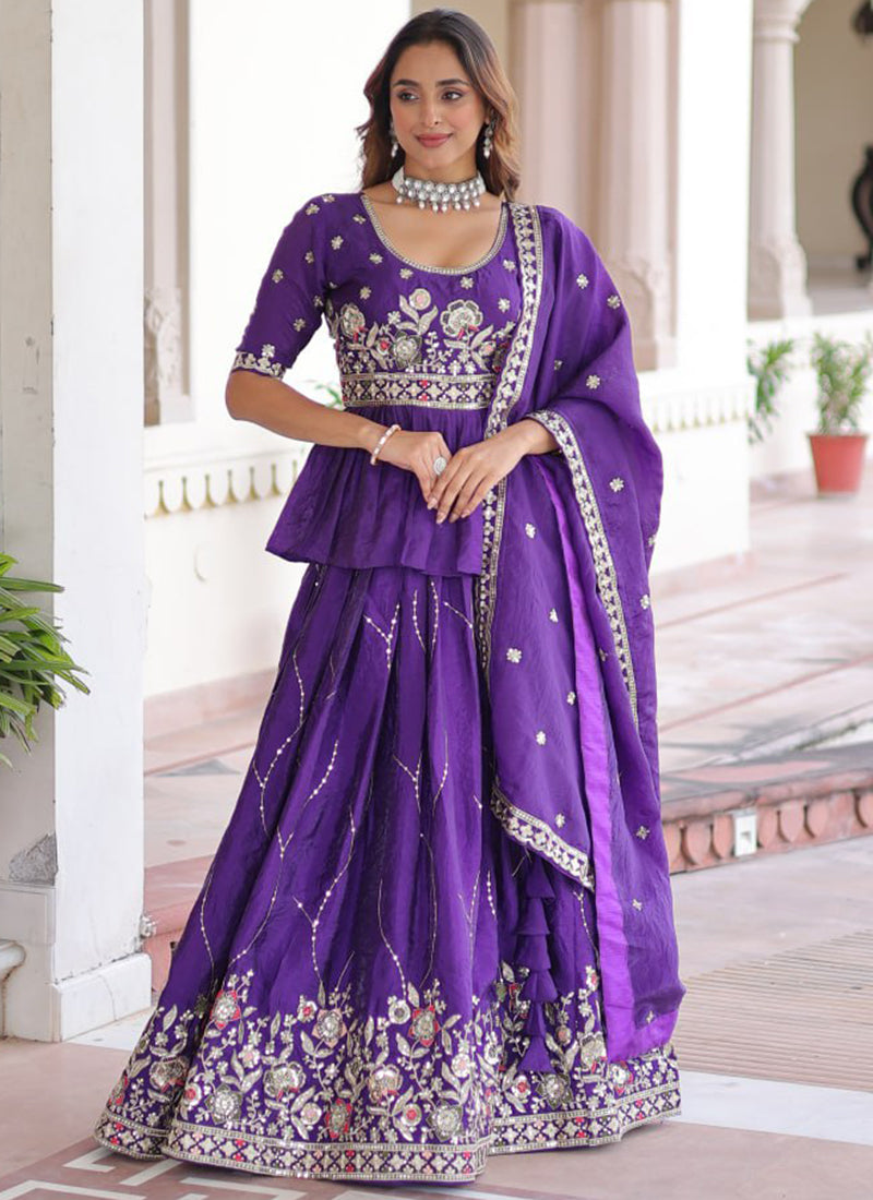 Gold Crush Royal Purple Festival Wear Sequins Work Readymade Lehenga Choli