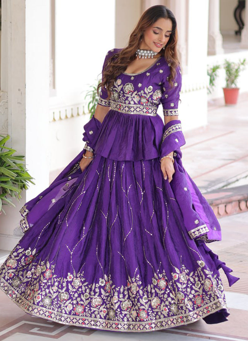 Gold Crush Royal Purple Festival Wear Sequins Work Readymade Lehenga Choli