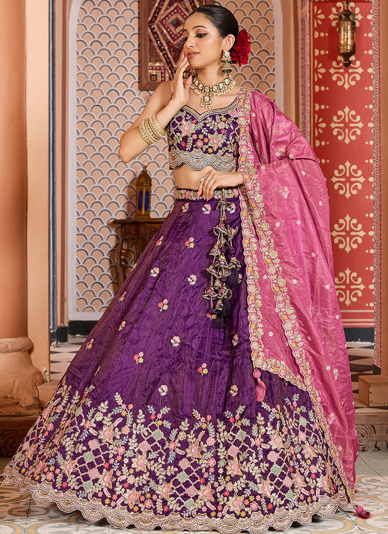 Tissue Royal Purple Party Wear Embroidery Work Lehenga Choli