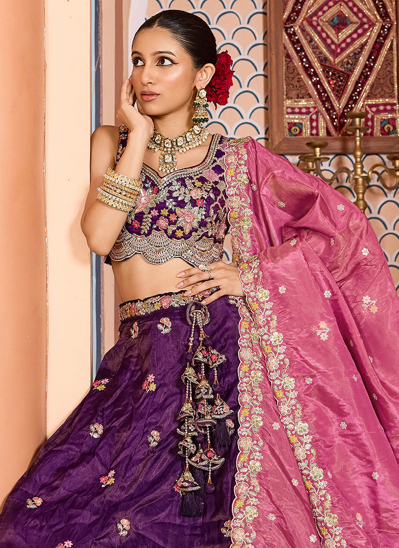 Tissue Royal Purple Party Wear Embroidery Work Lehenga Choli