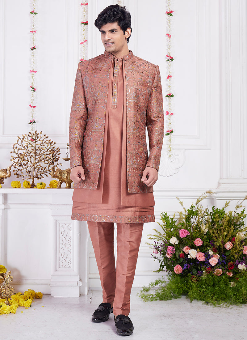 Art Silk Rust Party Wear Computer Thread Work Readymade Kurta With Jacket