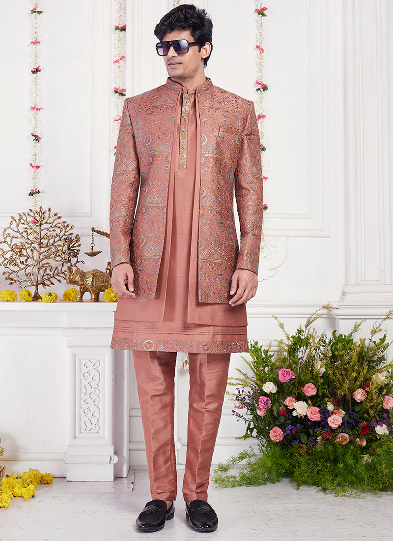 Art Silk Rust Party Wear Computer Thread Work Readymade Kurta With Jacket
