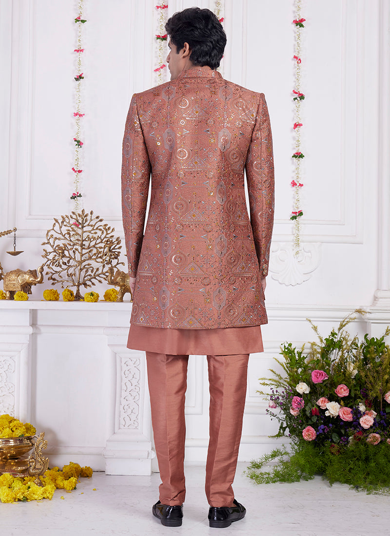 Art Silk Rust Party Wear Computer Thread Work Readymade Kurta With Jacket