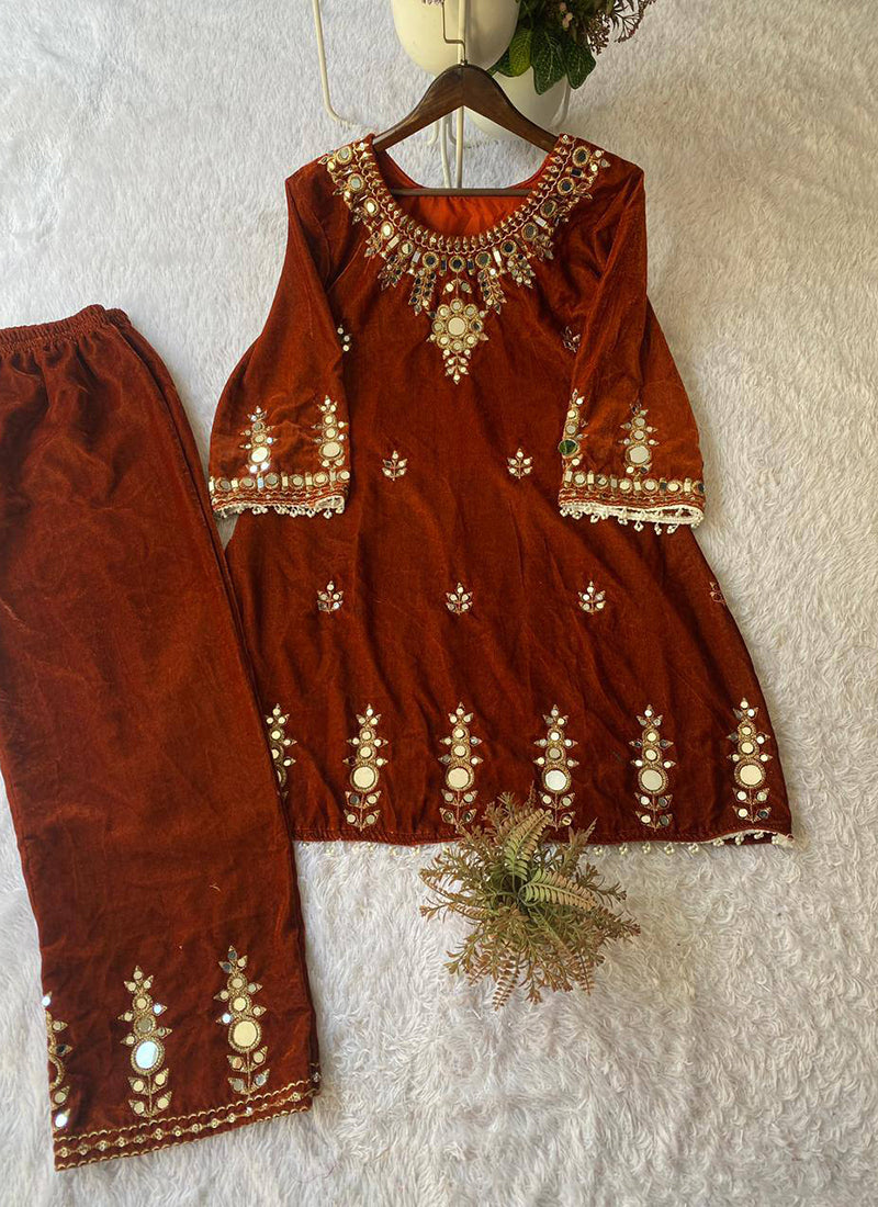 Velvet Rust Brown Occasional Wear Mirror Work Readymade Designer Kurti