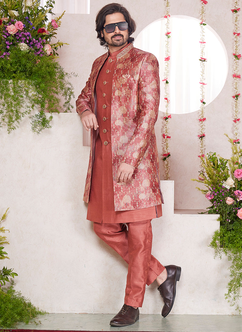 Digital Print  Silk Rust Party Wear Embroidery Onnack Work And Button Readymade Sherwani With Jacket