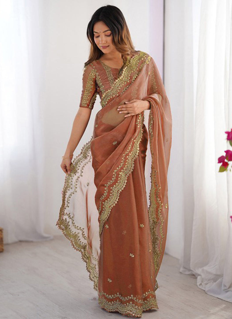 Burberry Silk Rust Orange Ocassional Wear Embroidery Work Saree