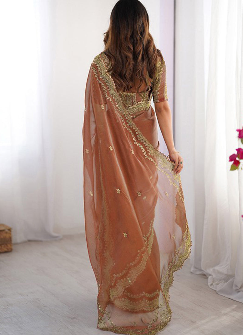 Burberry Silk Rust Orange Ocassional Wear Embroidery Work Saree