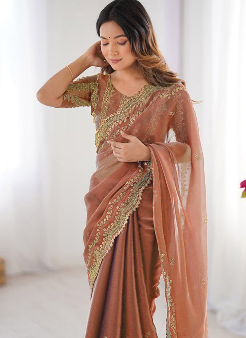 Burberry Silk Rust Orange Ocassional Wear Embroidery Work Saree