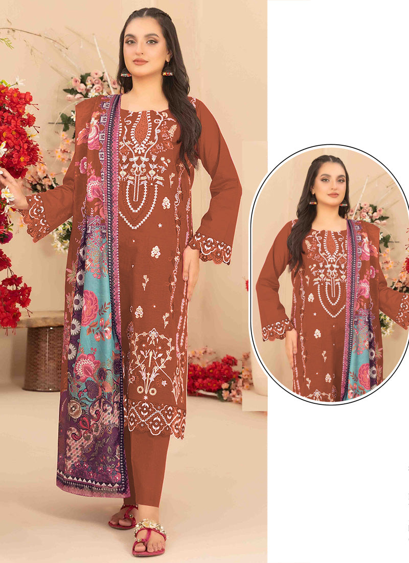 Rust Orange Cambric Cotton Embroidery Work Eid Wear Pakistani Suit SW852358