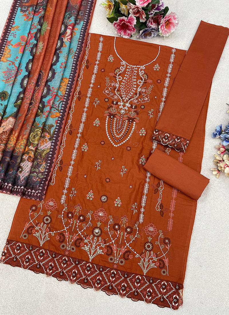 Rust Orange Cambric Cotton Embroidery Work Eid Wear Pakistani Suit SW852358