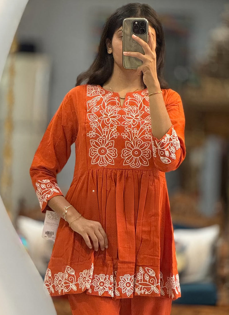 Cotton Rust Orange Casual Wear Embroidery Work Readymade Cord Set 388799