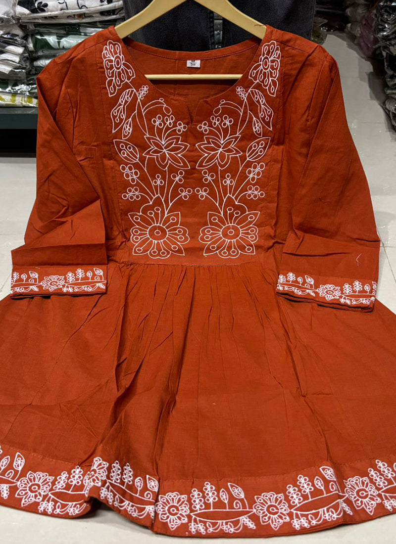 Cotton Rust Orange Casual Wear Embroidery Work Readymade Cord Set 388799