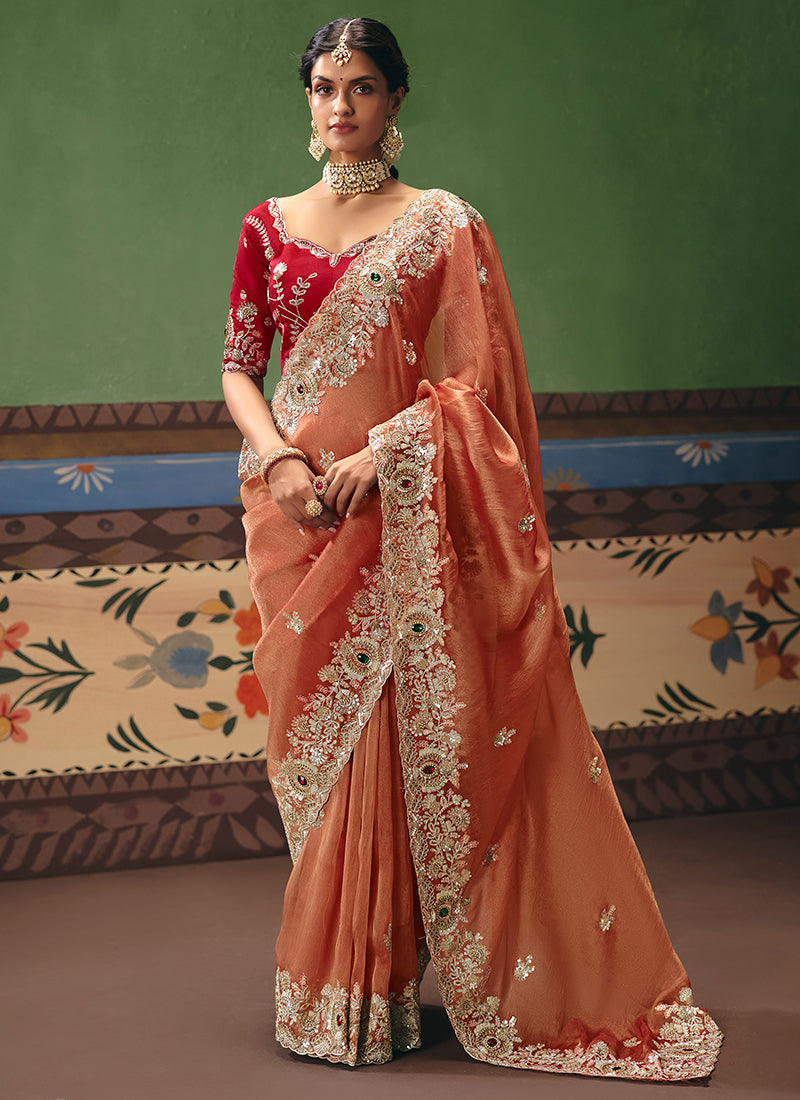 Rust Orange Fancy Embroidery Work Wedding Wear Saree SW987105