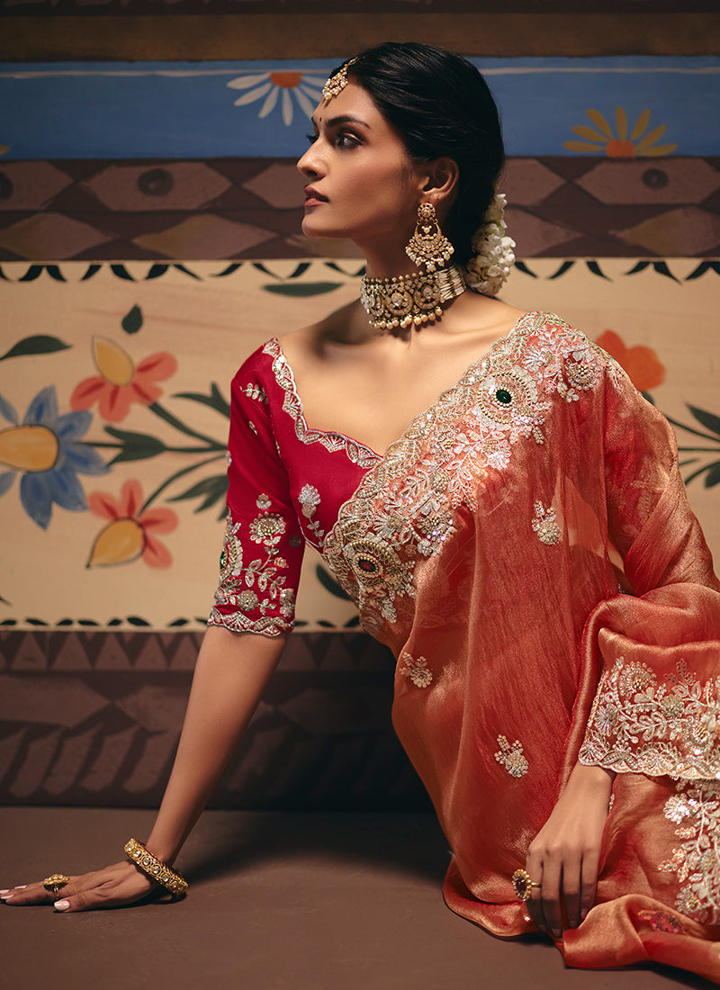 Rust Orange Fancy Embroidery Work Wedding Wear Saree SW987105