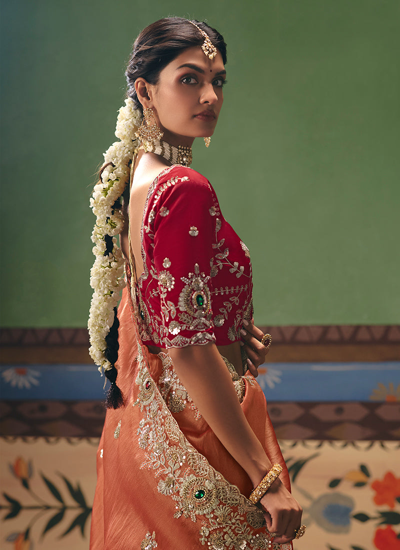Rust Orange Fancy Embroidery Work Wedding Wear Saree SW987105