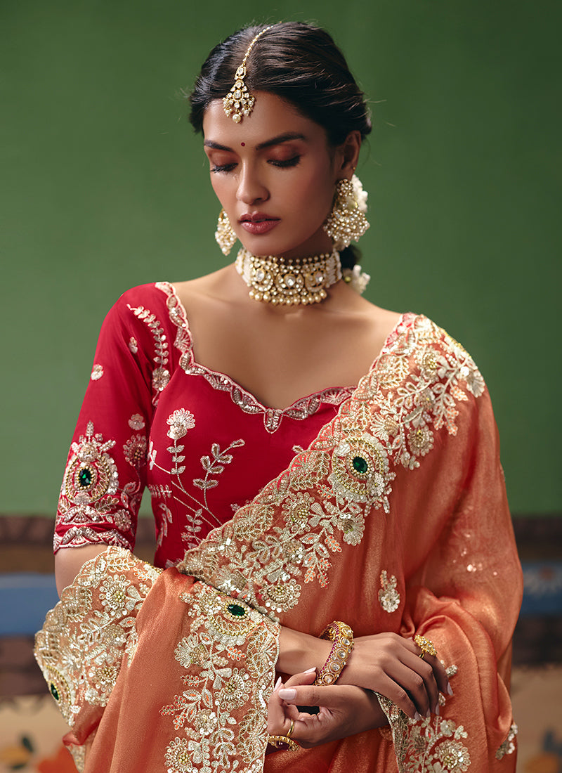 Rust Orange Fancy Embroidery Work Wedding Wear Saree SW987105
