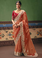Rust Orange Fancy Embroidery Work Wedding Wear Saree SW987105