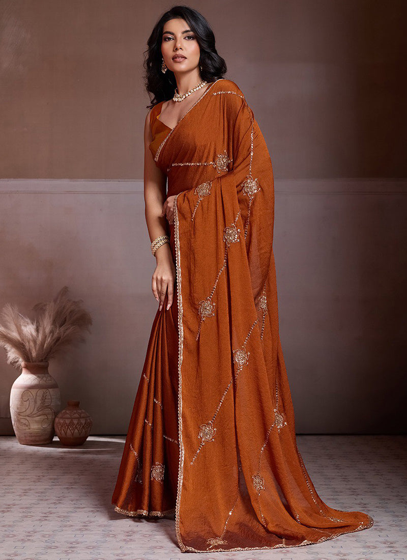 Silk Rust Orange Casual Wear Sequins Work Saree 388961