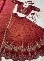 Tissue Rust Orange Festival Wear Zari Embroidery Work Readymade Lehenga Choli