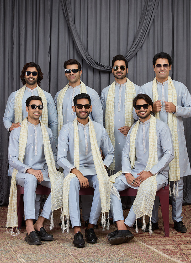 Sky Blue Art Silk Patten Pcs Occasional Wear Readymade Kurta Pajama With Stole SW292746