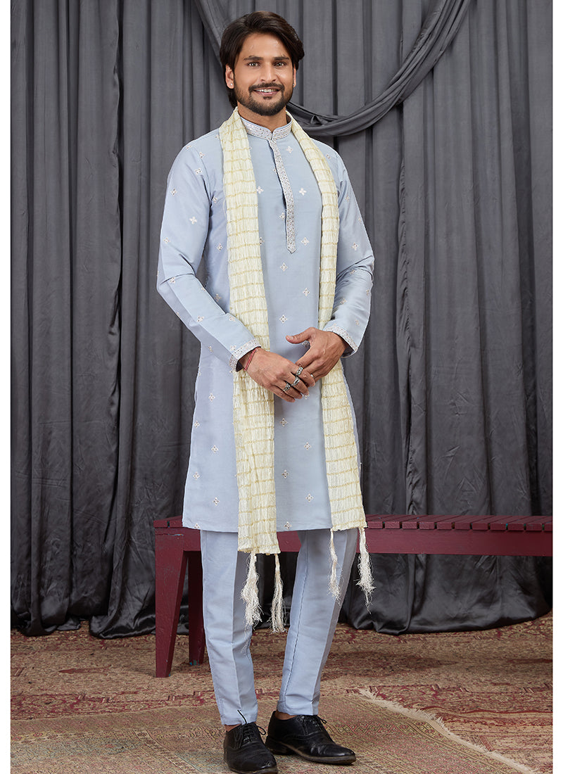 Sky Blue Art Silk Patten Pcs Occasional Wear Readymade Kurta Pajama With Stole SW292746