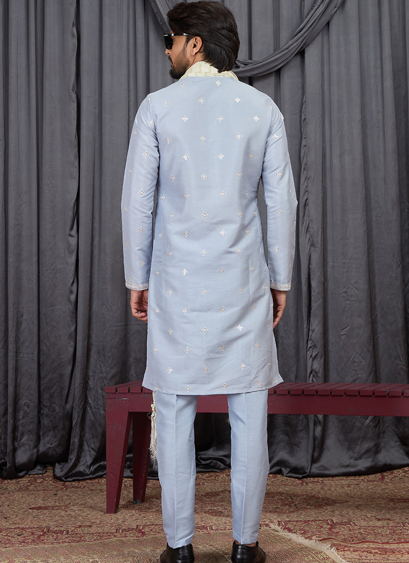 Sky Blue Art Silk Patten Pcs Occasional Wear Readymade Kurta Pajama With Stole SW292746