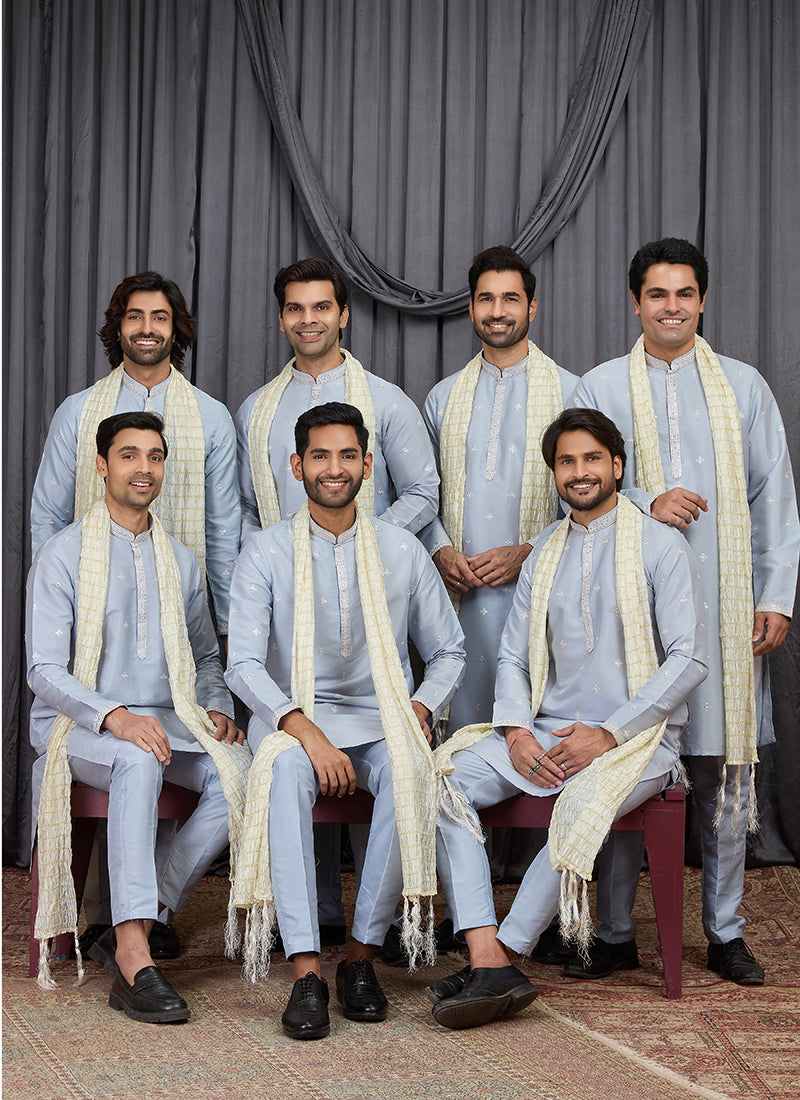 Sky Blue Art Silk Patten Pcs Occasional Wear Readymade Kurta Pajama With Stole SW292746