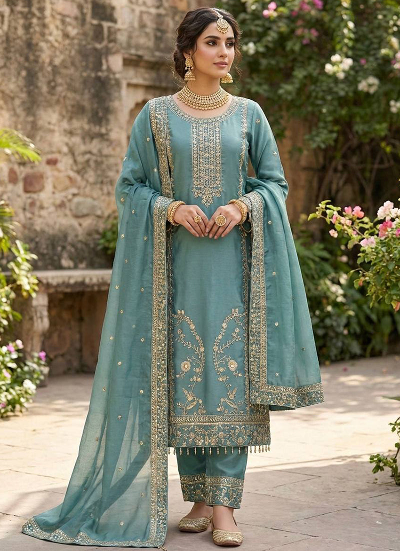 Sky Blue Silk Sequins Work  Festival Wear Readymade Plazzo Suit SW651271