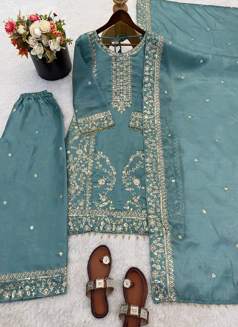 Sky Blue Silk Sequins Work  Festival Wear Readymade Plazzo Suit SW651271
