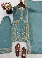 Sky Blue Silk Sequins Work  Festival Wear Readymade Plazzo Suit SW651271