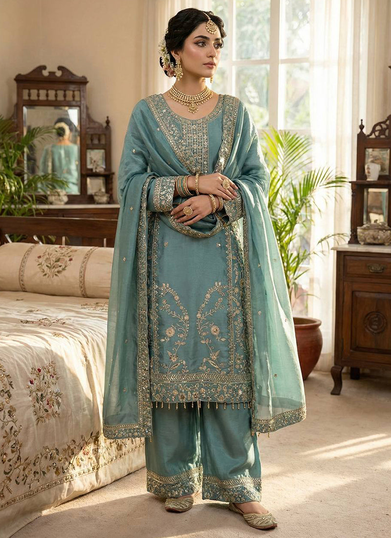 Sky Blue Silk Sequins Work  Festival Wear Readymade Plazzo Suit SW651271