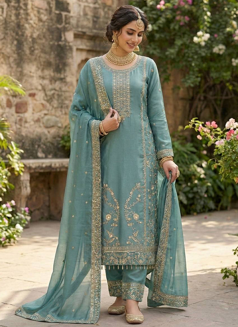 Sky Blue Silk Sequins Work  Festival Wear Readymade Plazzo Suit SW651271