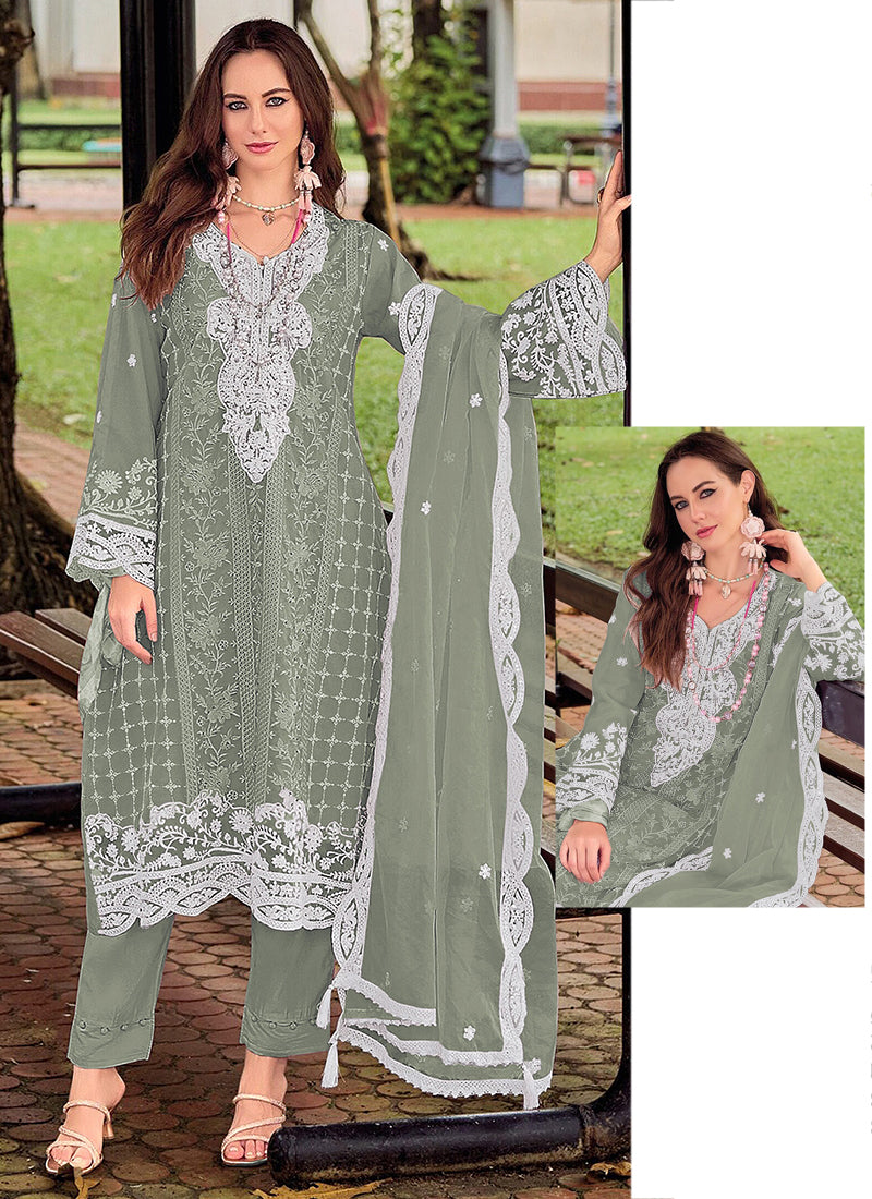 Crunchy Sage Green Eid Wear Embroidery Work Pakistani Suit 388716