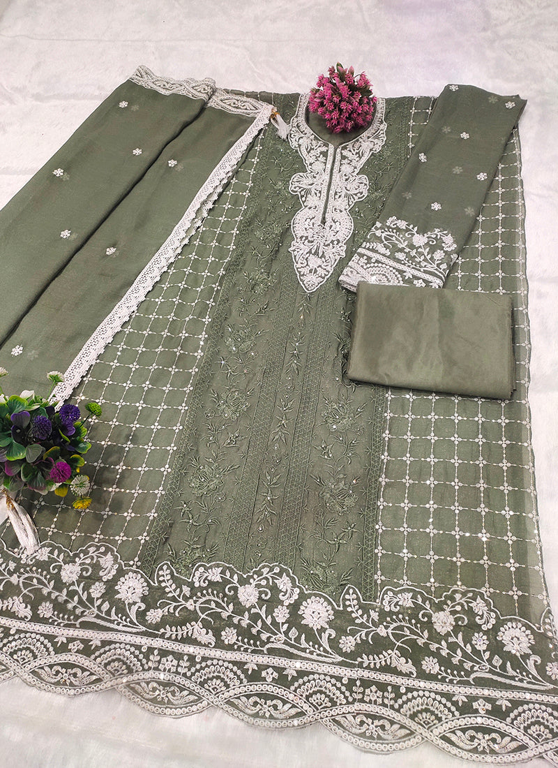 Crunchy Sage Green Eid Wear Embroidery Work Pakistani Suit 388716