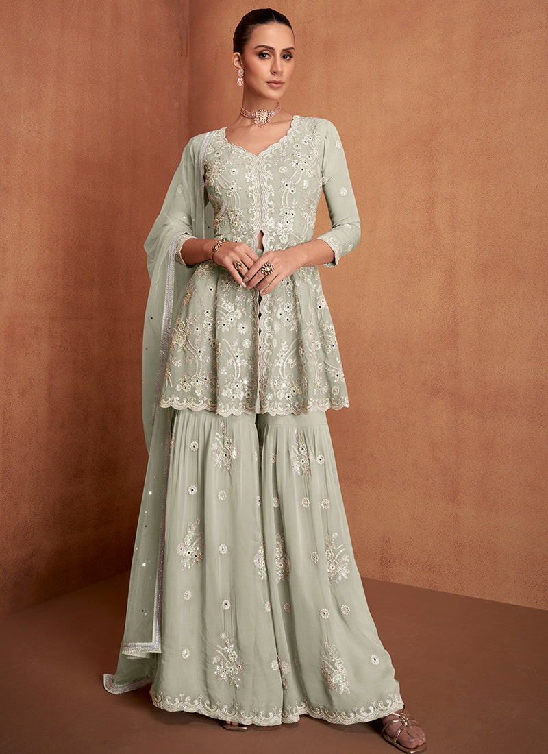 Sage Green Georgette Embroidery Work Festival Wear Readymade Gharara Suit SW586871