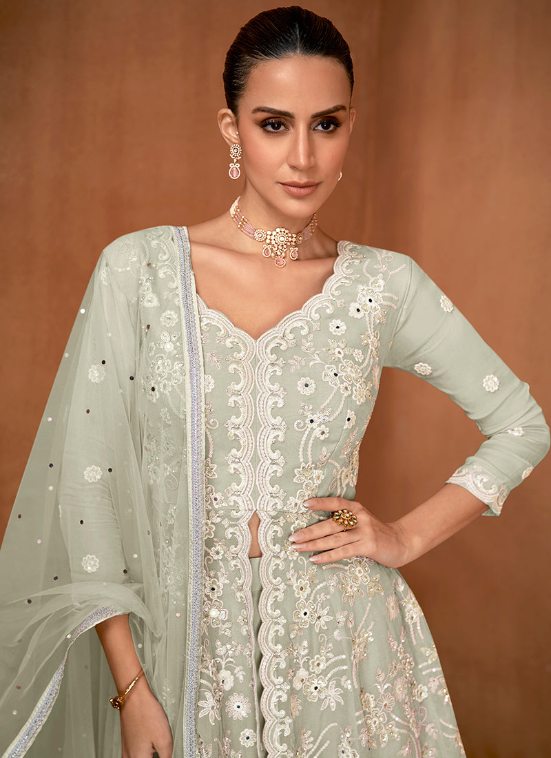 Sage Green Georgette Embroidery Work Festival Wear Readymade Gharara Suit SW586871