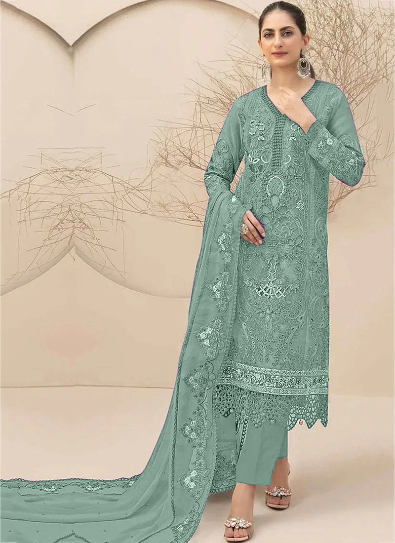 Heavy Georgette Sage Green Eid Wear Embroidery Work Pakistani Suit