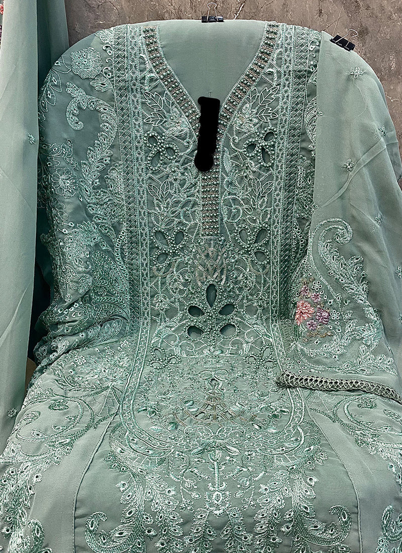 Heavy Georgette Sage Green Eid Wear Embroidery Work Pakistani Suit
