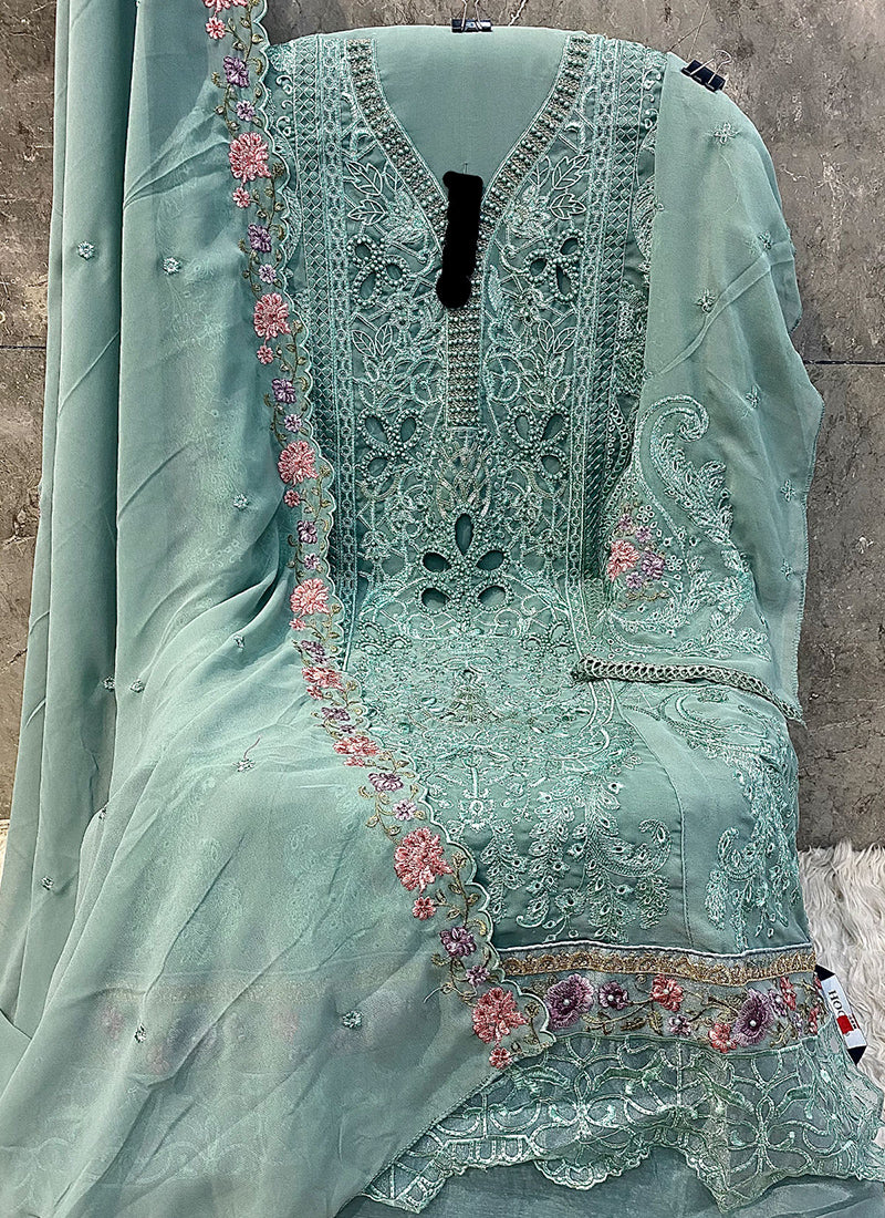 Heavy Georgette Sage Green Eid Wear Embroidery Work Pakistani Suit