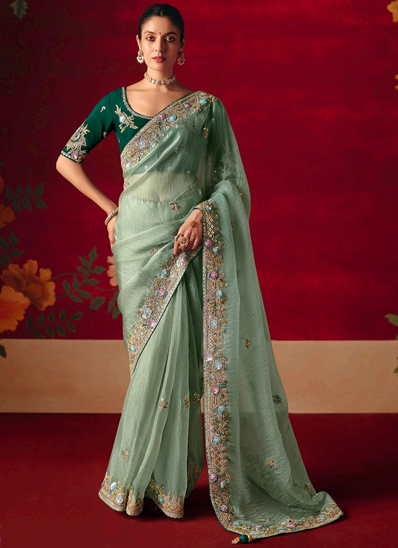 Fancy Silk Sea Green Wedding Wear Embroidery Work Wedding Saree 388690