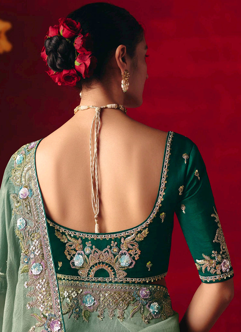 Fancy Silk Sea Green Wedding Wear Embroidery Work Wedding Saree 388690