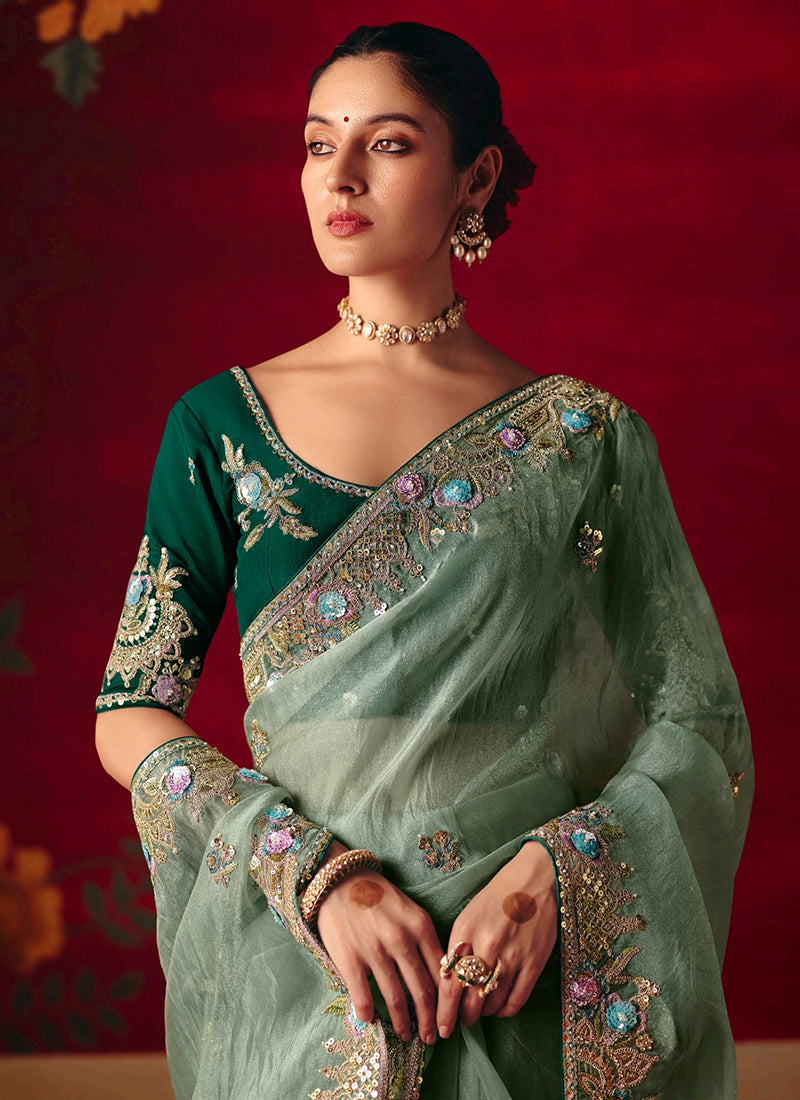 Fancy Silk Sea Green Wedding Wear Embroidery Work Wedding Saree 388690