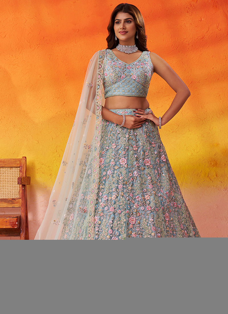 Net Sea Green Wedding Wear Sequins Embroidery Work Lehenga Choli