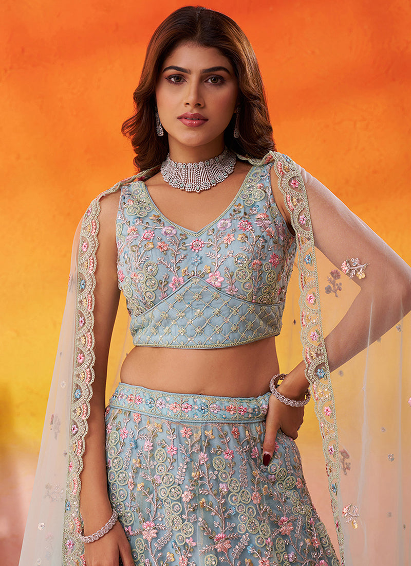 Net Sea Green Wedding Wear Sequins Embroidery Work Lehenga Choli
