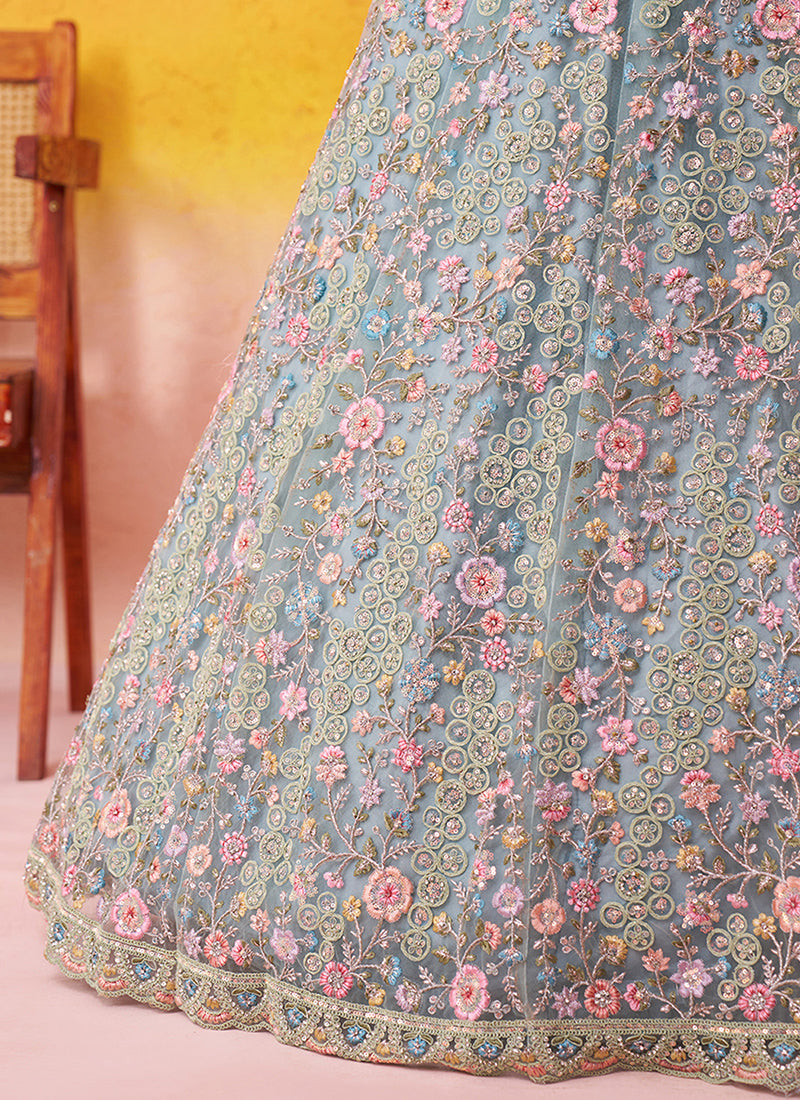 Net Sea Green Wedding Wear Sequins Embroidery Work Lehenga Choli