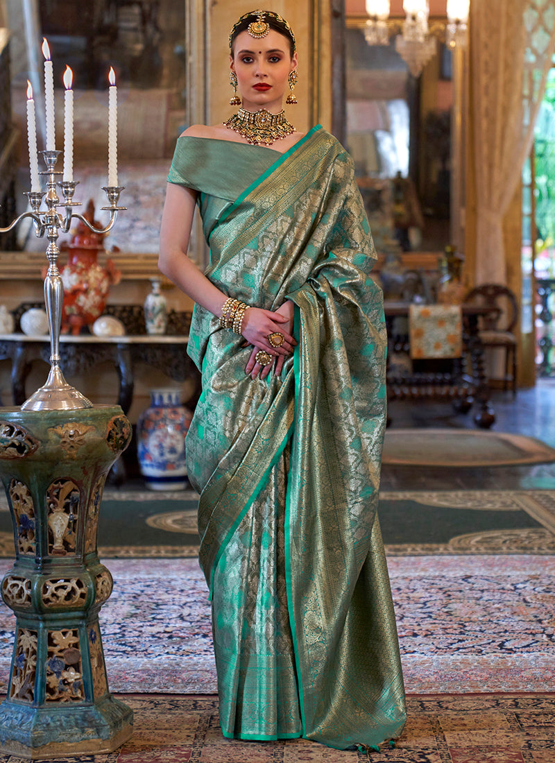 Pv Tissue Silk Sea Green Wedding Wear Weaving Work Saree 388677